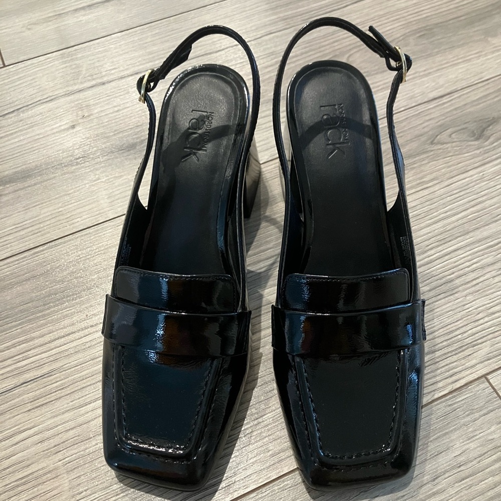 Black Patent Slingback Loafer Mules